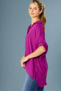Oversized Button Down Short Sleeve Solid Top - Magenta