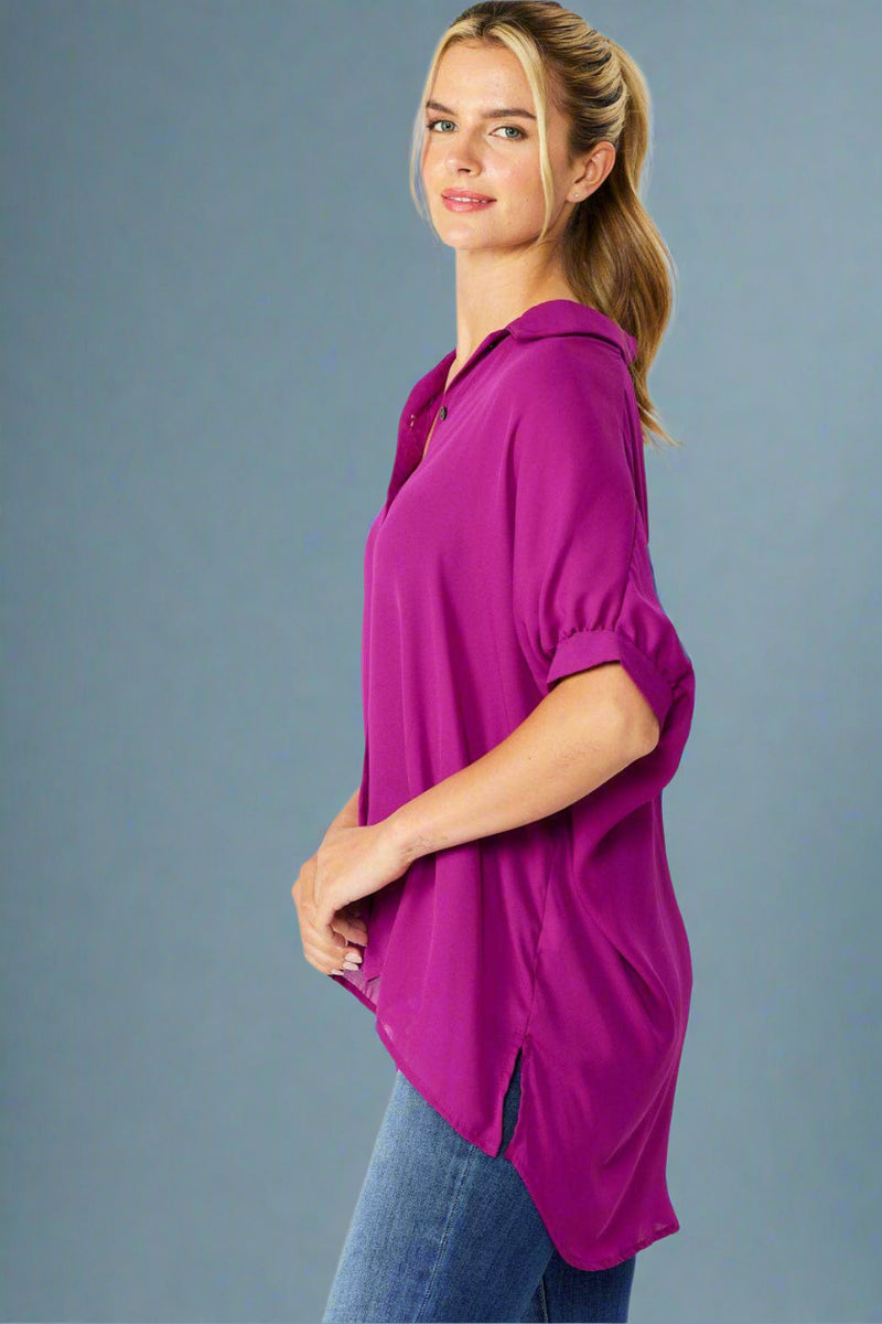 Oversized Button Down Short Sleeve Solid Top - Magenta
