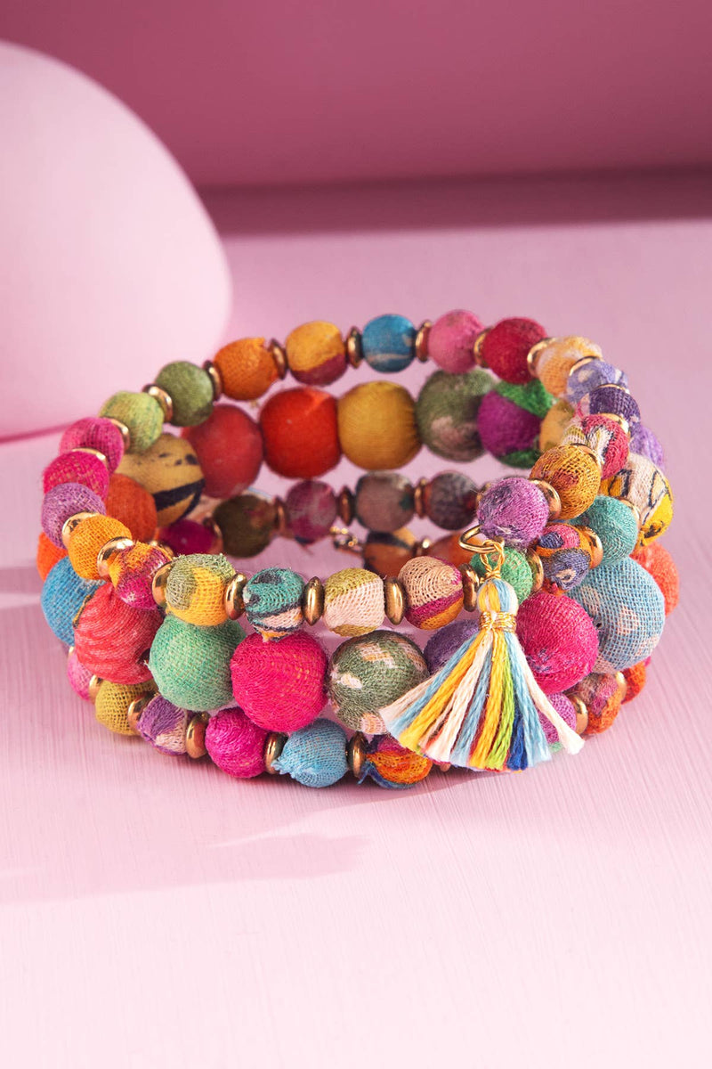 Handmade Beaded Coil Bracelet with Tassels - Multi