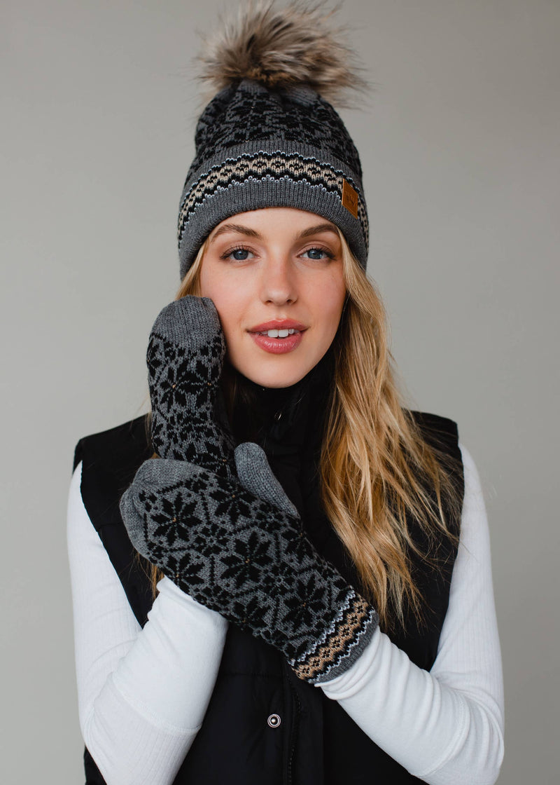 Gray, Black & Tan Patterned Pom Hat