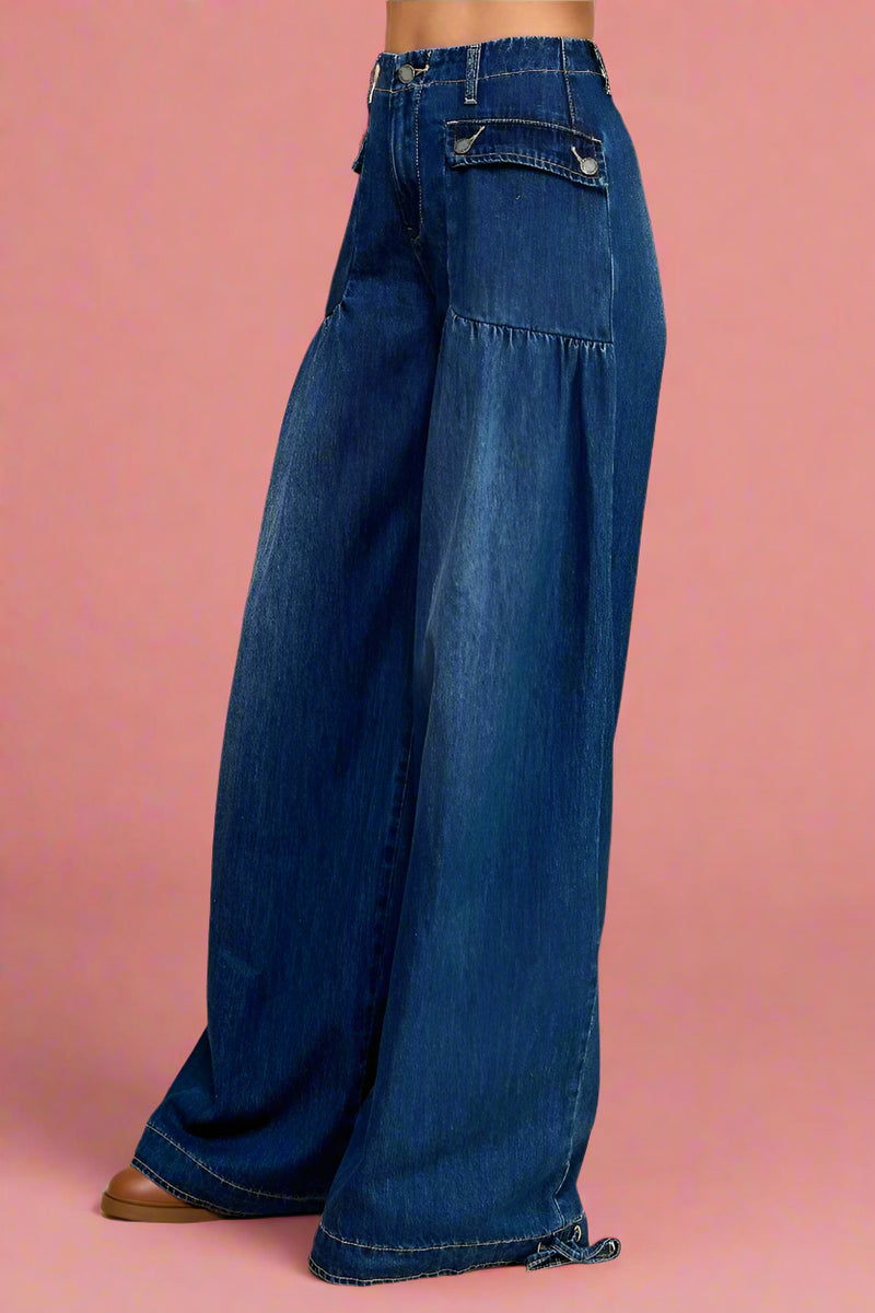 Ankle Drawstring Wide Leg Jeans - Dark Wash