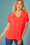 Ruffled V-neck Short Sleeves Solid Woven Top Neon Orange