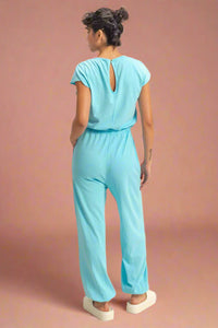 Short Sleeve Casual Jumpsuit - Aqua