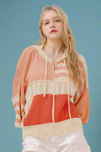 Stripe Distressed Knit Hoodie - Coral