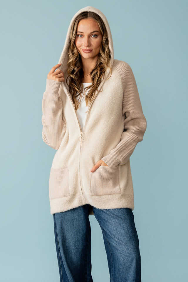 Mixed Texture Hooded Sweater Jacket