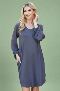 V-Neck Long Sleeve Dress - Grey