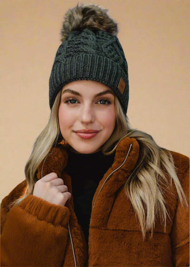 Dark Gray Cable Knit Pom Hat