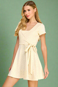 Ditsy Floral Print Faux Wrap Dress - Cream