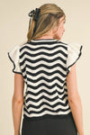 Wavy Stripes Flutter Sleeve Sweater Top - Black