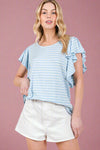 Stripe Ruffle Sleeve T-Shirt - Sky Blue