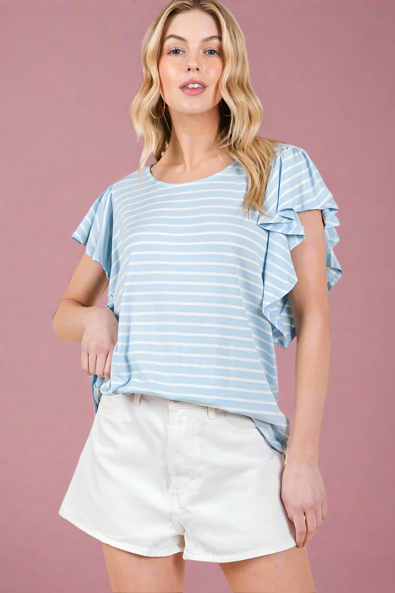 Stripe Ruffle Sleeve T-Shirt - Sky Blue