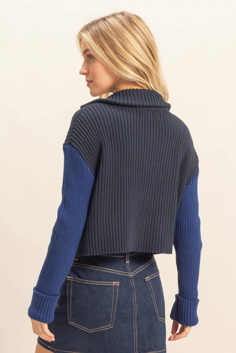 Contrasting Sleeves Sweater Cardigan - Navy