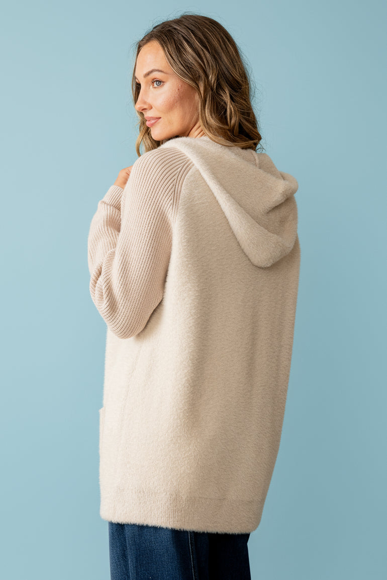 Mixed Texture Hooded Sweater Jacket