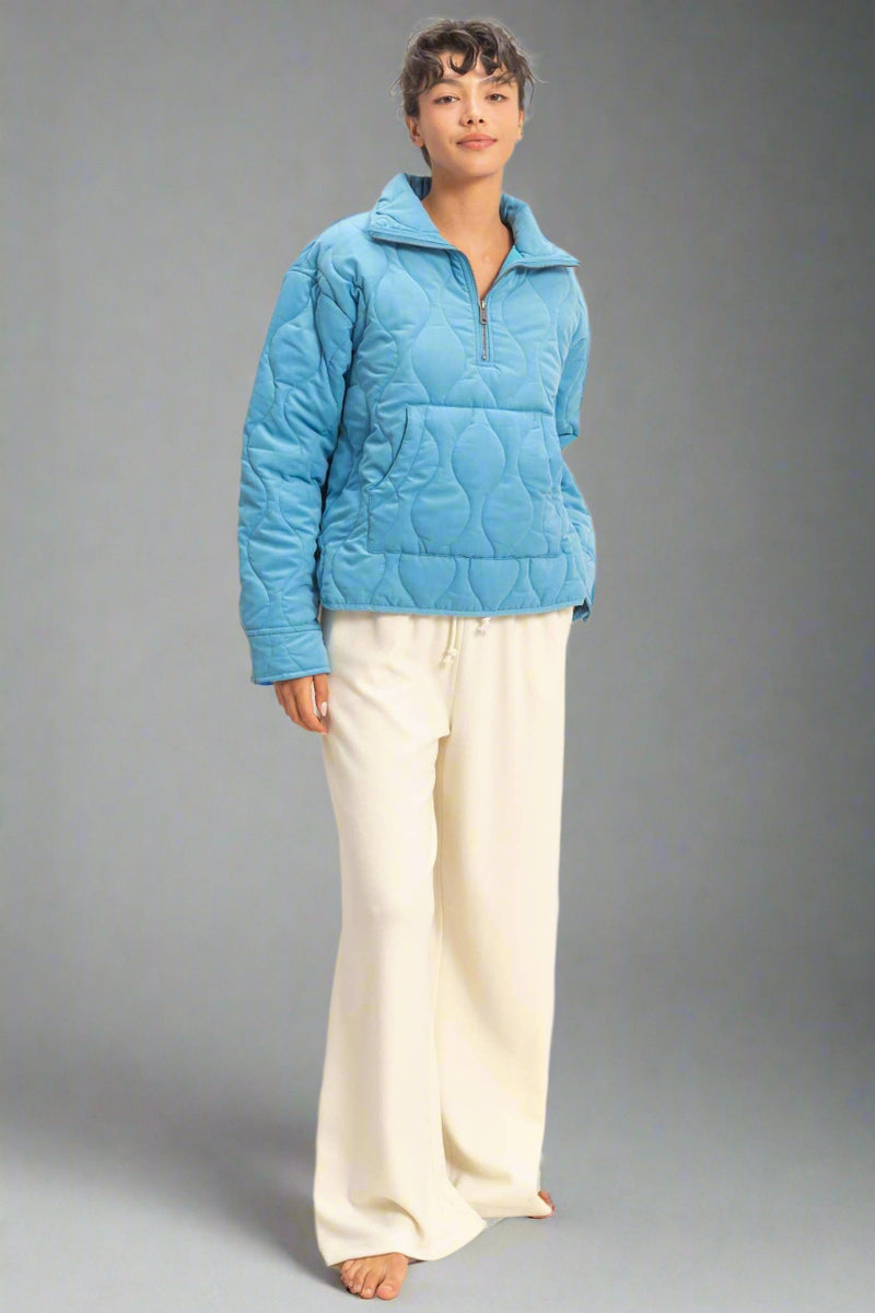 Quilted Half Zip Pullover - Blue