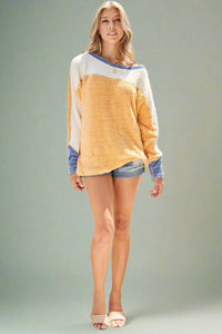 Color Block Fuzzy Sweater Long Sleeve Top Mustard