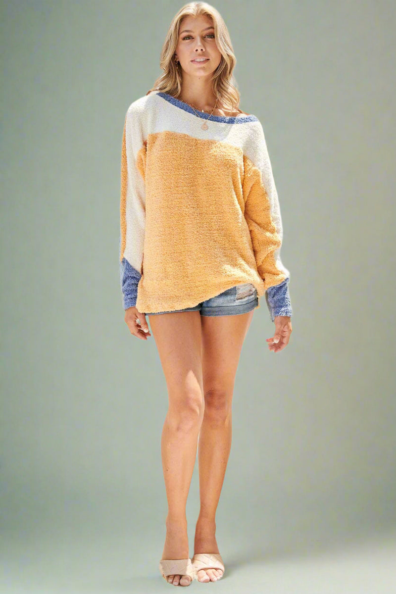 Color Block Fuzzy Sweater Long Sleeve Top Mustard