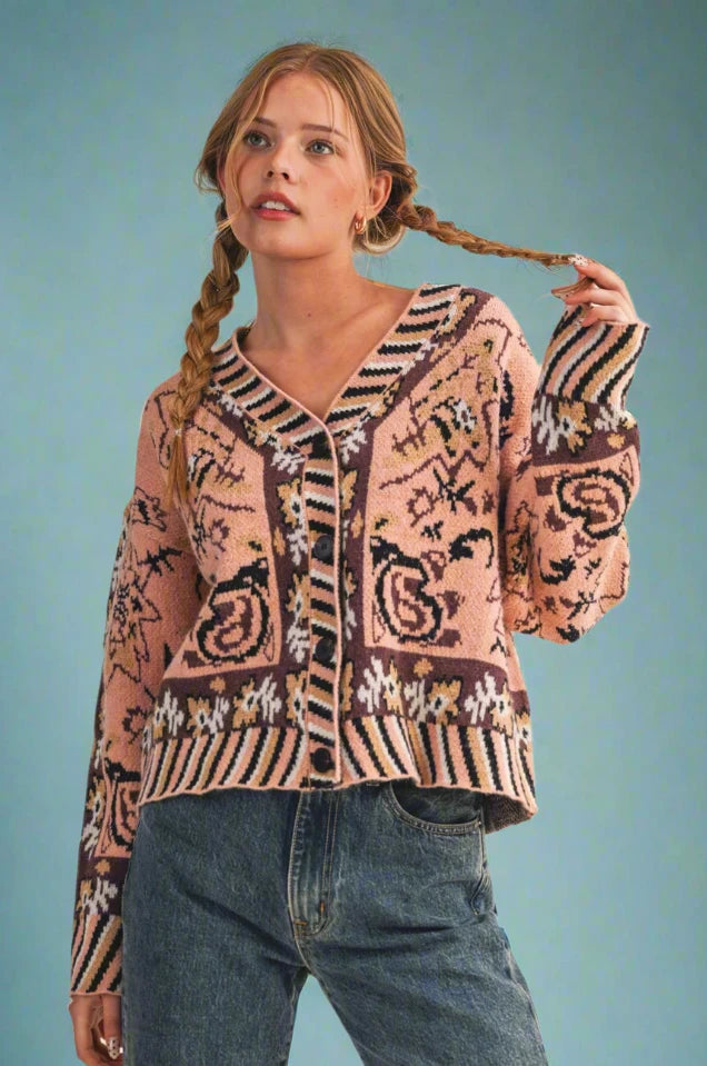 Paisley Knit Sweater Cardigan - Peach