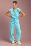 Short Sleeve Casual Jumpsuit - Aqua