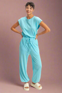 Short Sleeve Casual Jumpsuit - Aqua