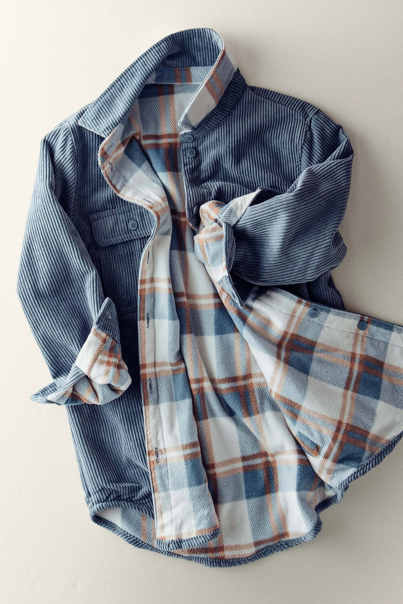 Reversible Plaid Corduroy Shacket - Blue Stone