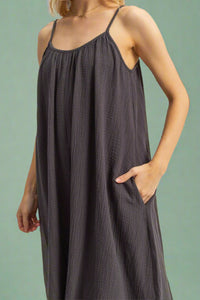 Shirring Neckline Sleeveless Dress - Charcoal