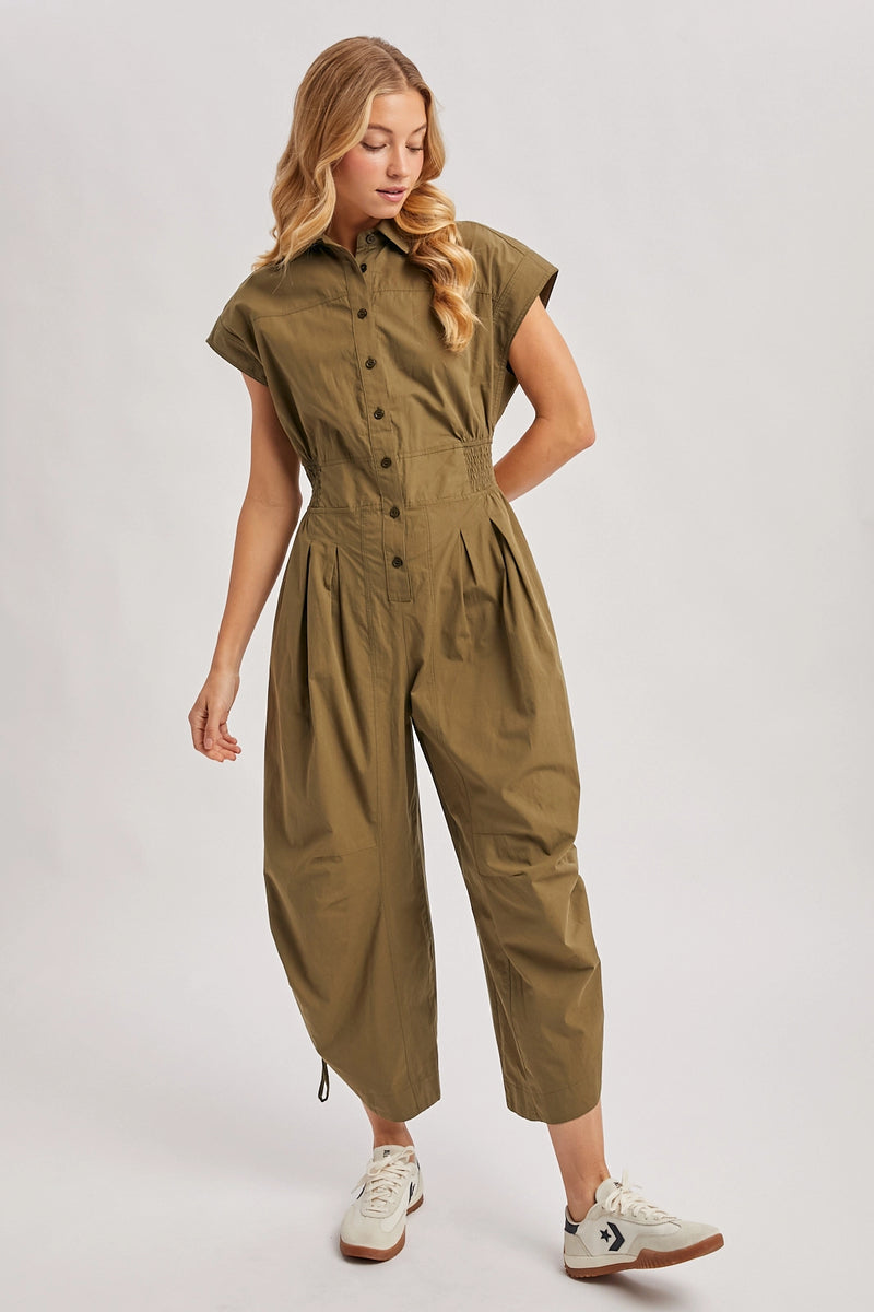 Button Down Utility Shirting Jumpsuit - Olive