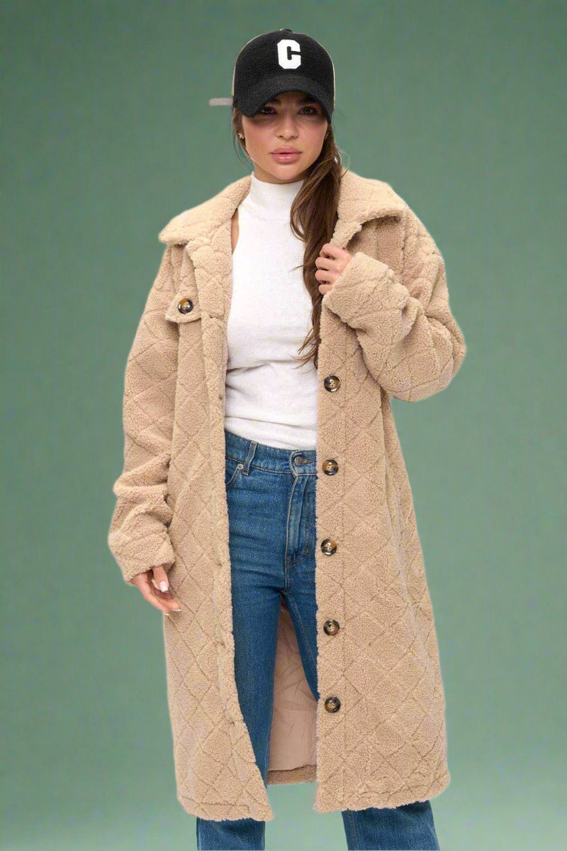 Diamond Sherpa Duster Coat - Khaki
