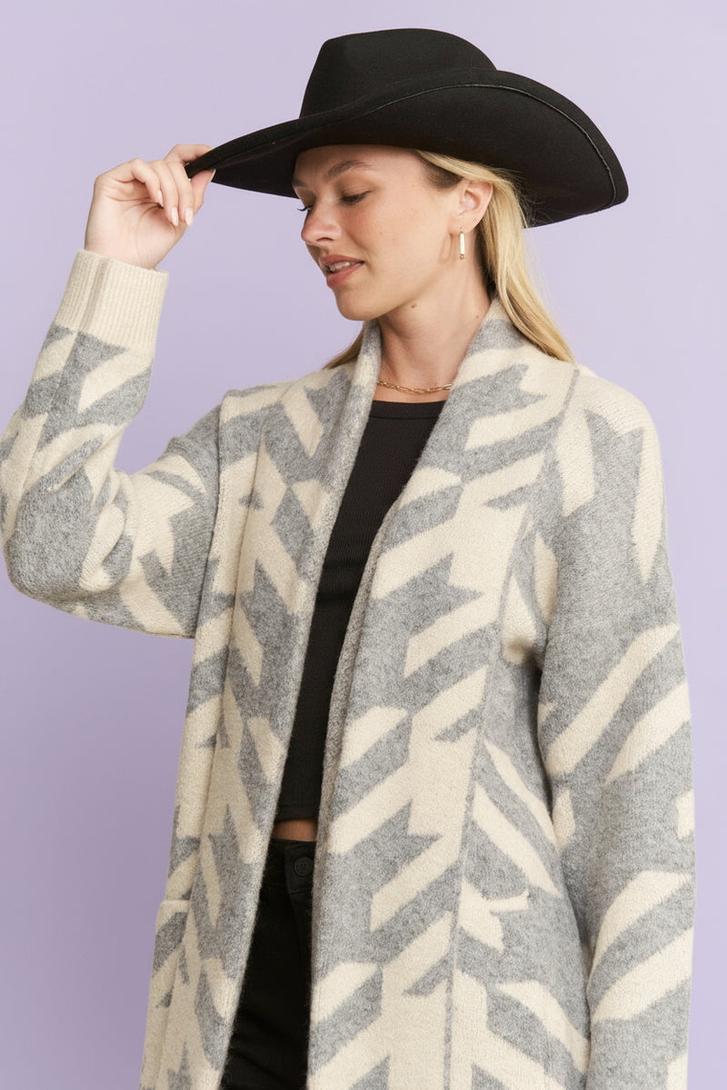 Giant Houndstooth Print Cardigan - Heather Grey