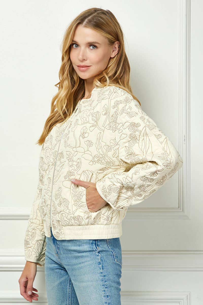 Floral Quilted Zip Jacket - Cream