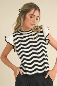 Wavy Stripes Flutter Sleeve Sweater Top - Black