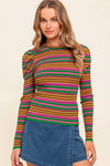 Ribbed Puff Sleeve Striped Top - Pink