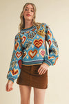 Heart Pattern Pullover Sweater - Blue