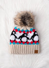 Beige & Red Penguin Patterned Pom Hat