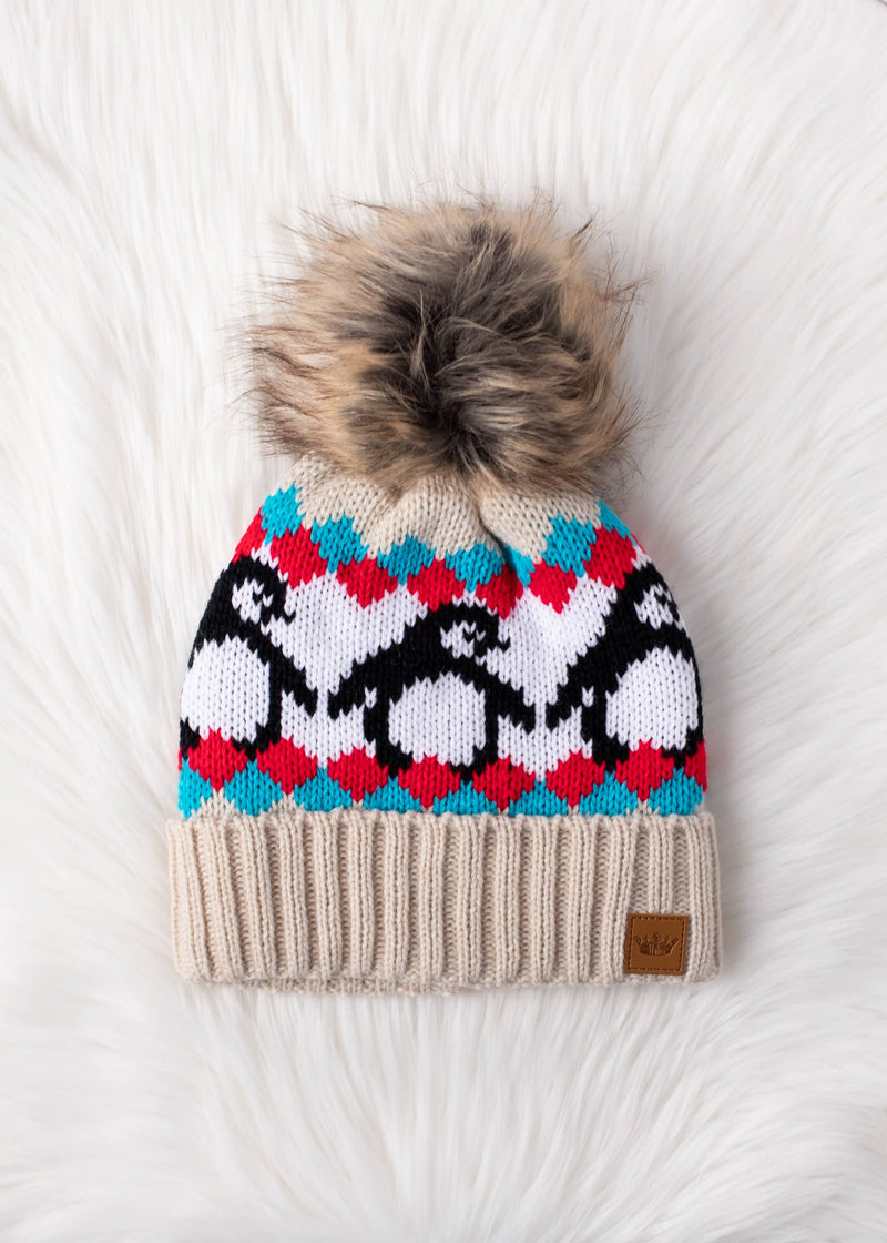 Beige & Red Penguin Patterned Pom Hat