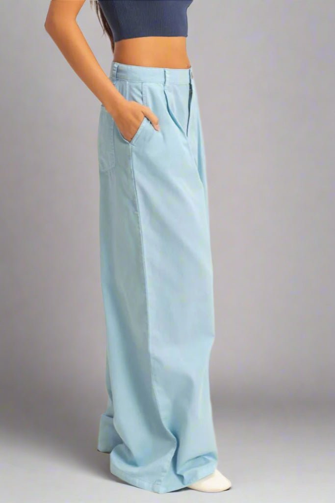 High Waist Wide Leg Pants - Baby Blue