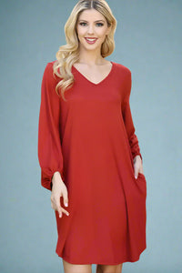 V-Neck Long Sleeve Dress - Rust