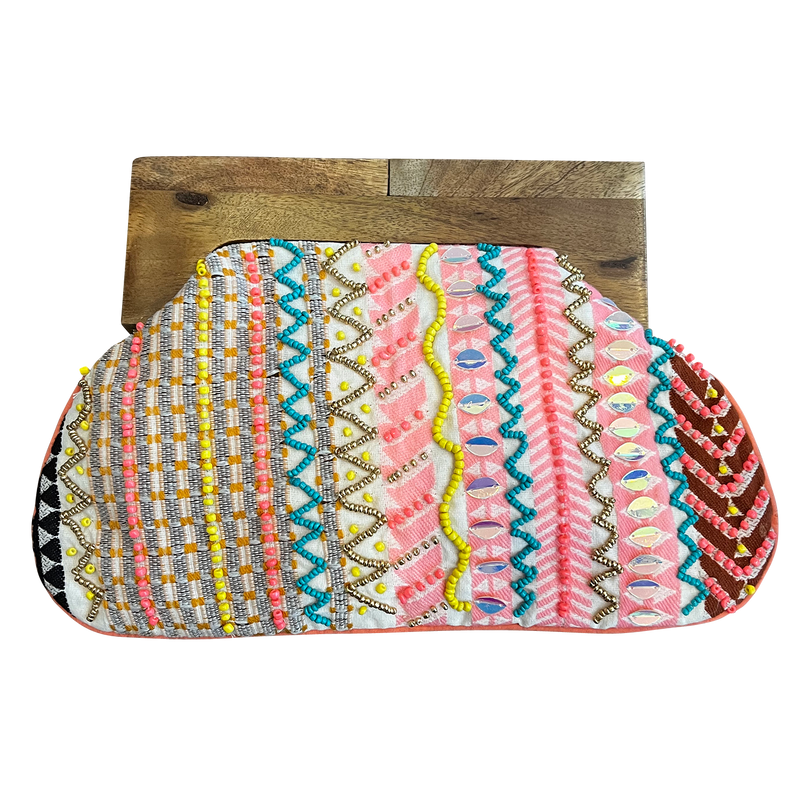 Beaded Clutch Bag with Wooden Handle