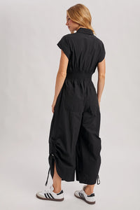 Button Down Utility Shirting Jumpsuit - Black