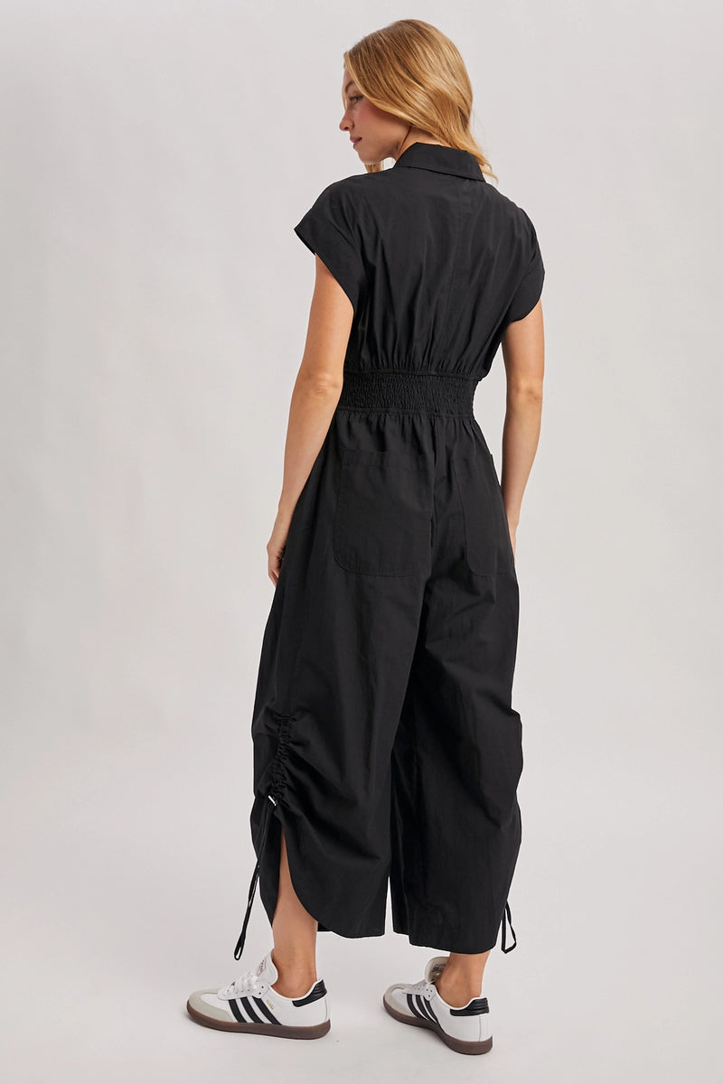 Button Down Utility Shirting Jumpsuit - Black