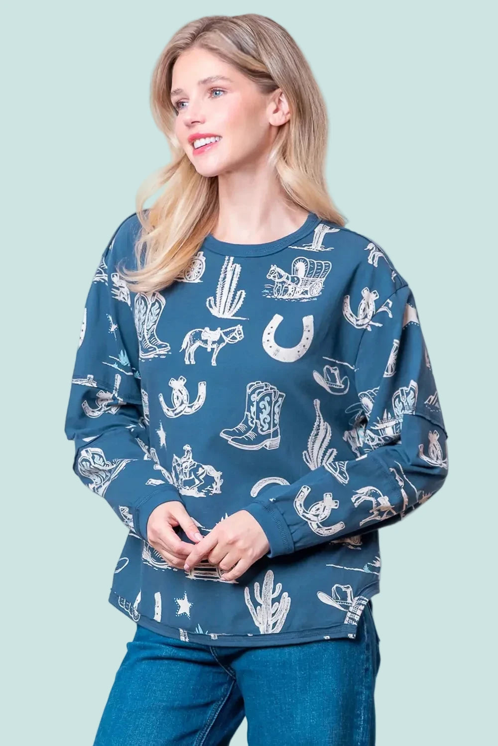 Western Printed Top - Navy