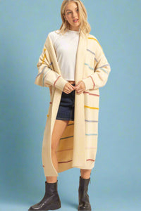 Striped Open Front Long Cardigan - Cream
