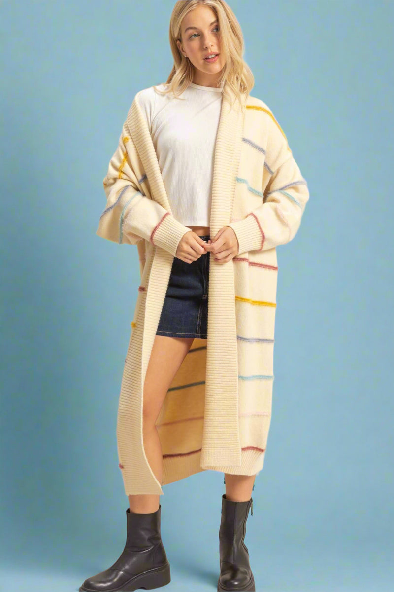 Striped Open Front Long Cardigan - Cream