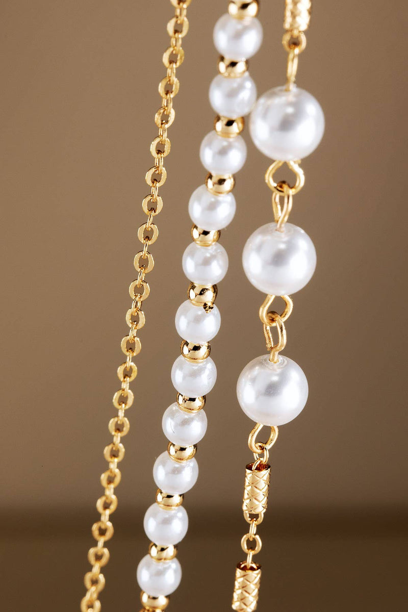Triple Layer Pearl Chain Link Necklace - Silver