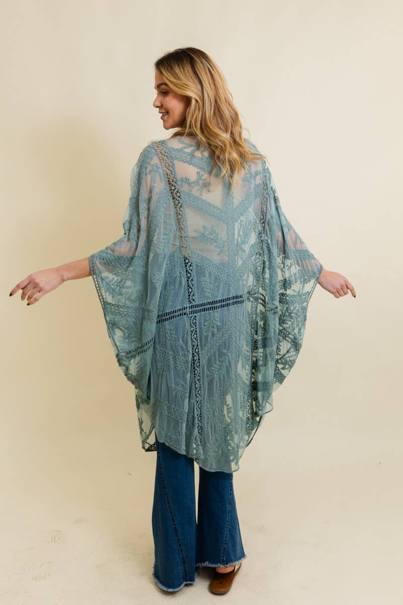 Embroidered Leaf Botanical Kimono Sage