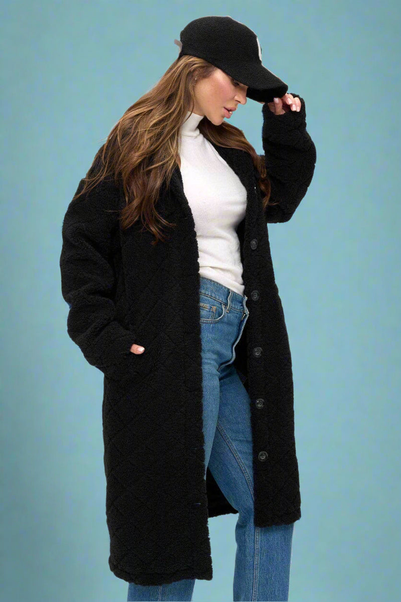 Diamond Sherpa Duster Coat - Black