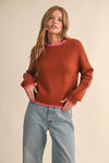 Puff Sleeve Sweater Contrast Stitch - Brown