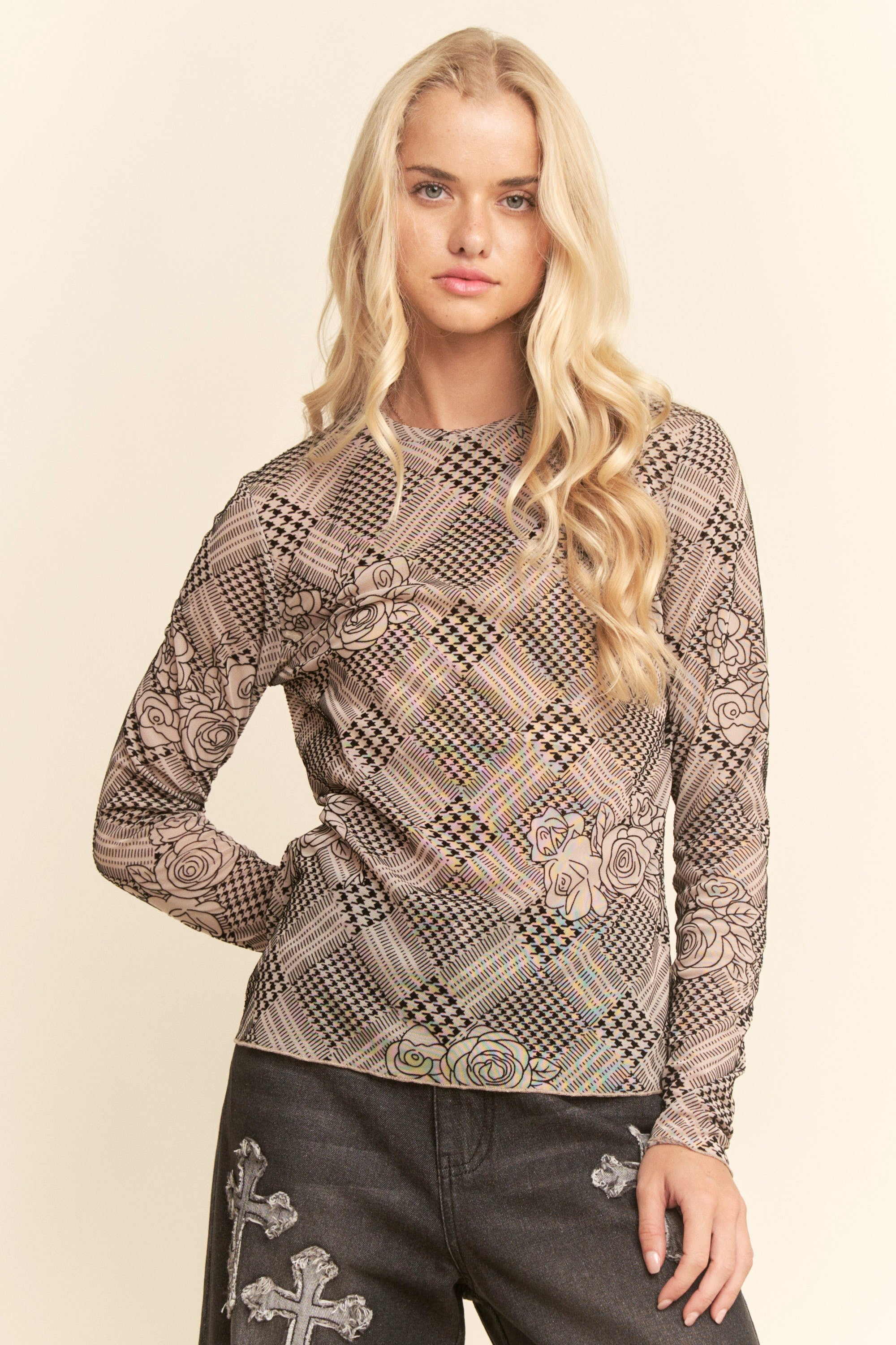 Floral Plaid Velvet Mesh Top - Taupe