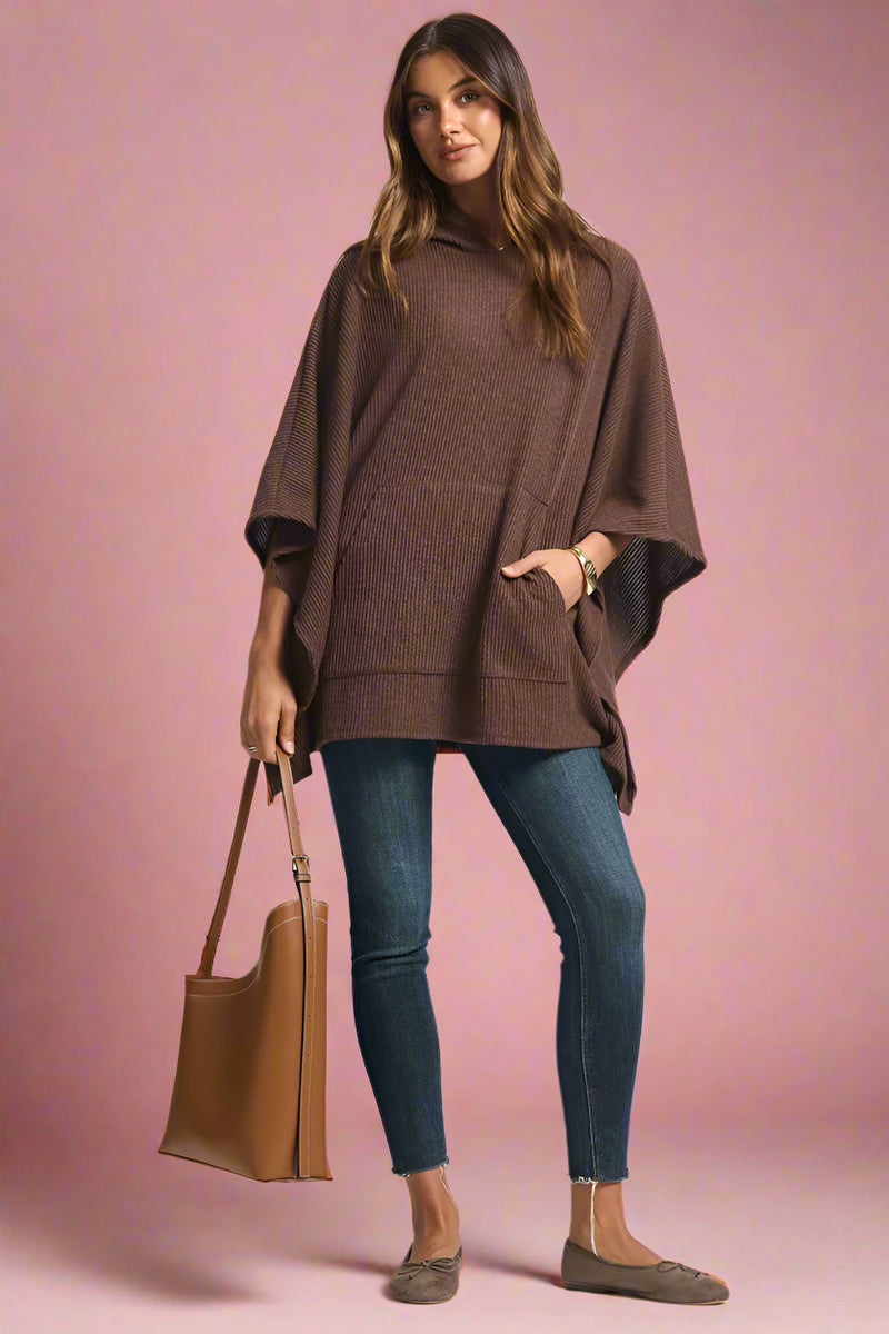 Ribbed Knit Poncho Top - Chocolate