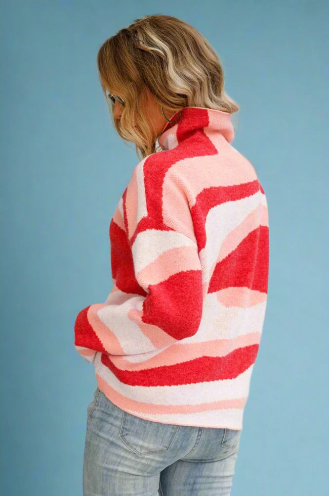 Abstract Knit Turtleneck Sweater Red