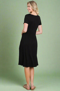 Solid Drawstring Waist Dress - Black